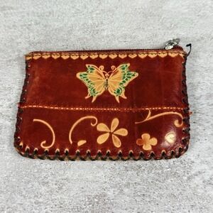 Hand Tooled Leather Change Purse Butterfly Floral Coin Pouch Wallet Western Boho